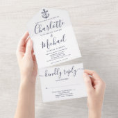 Navy blauw en wit nautisch anker script bruiloft all in one uitnodiging (Afscheurbaar)
