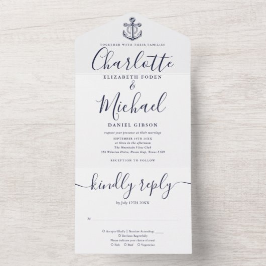 Navy blauw en wit nautisch anker script bruiloft all in one uitnodiging (Binnen)