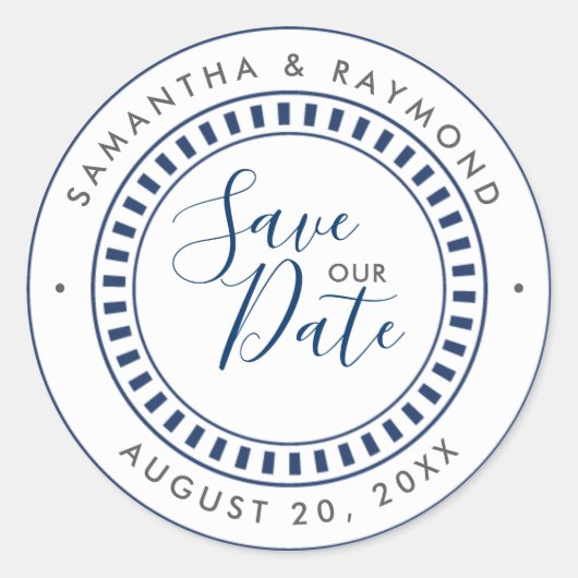Navy Blauw en Wit Nautisch thema Save our Date Ronde Sticker (Voorkant)