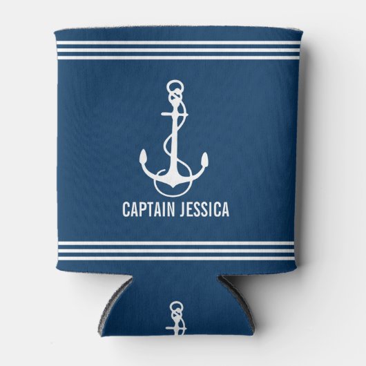 Navy Blauw en Wit  Nautische Boot Anker Blikjeskoeler (Voorkant)