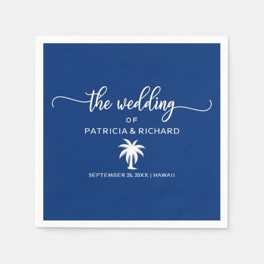 Navy Blauw en Wit Palm Tree Bestemming Bruiloft Servet (Voorkant)