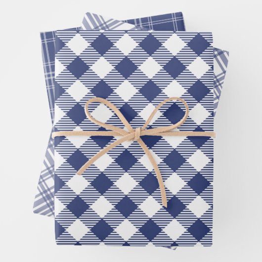 Navy Blauw en Wit Plaid Wrapping Paper Set van 3 (In situ)