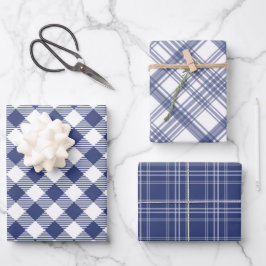 Navy Blauw en Wit Plaid Wrapping Paper Set van 3
