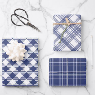 Navy Blauw en Wit Plaid Wrapping Paper Set van 3