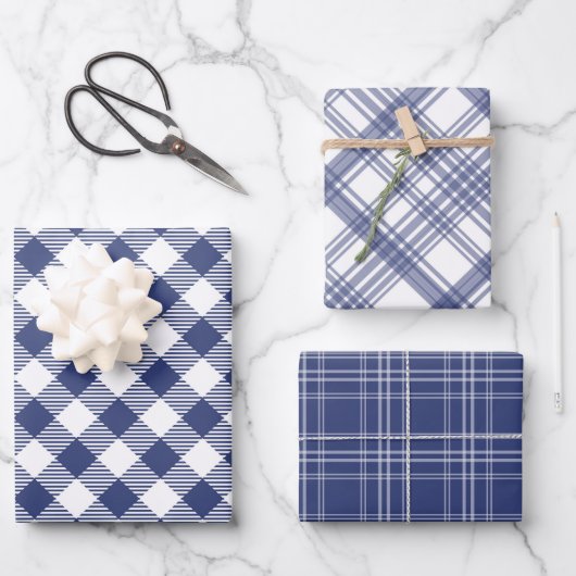 Navy Blauw en Wit Plaid Wrapping Paper Set van 3 (Voorkant)