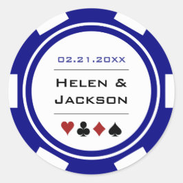 Navy Blauw en Wit Poker Chip Casino Bruiloft Ronde Sticker