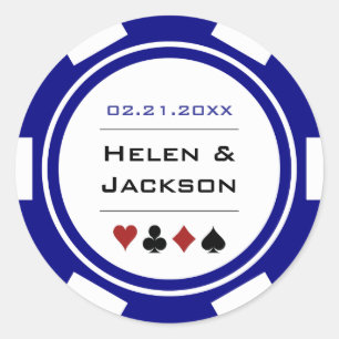 Navy Blauw en Wit Poker Chip Casino Bruiloft Ronde Sticker