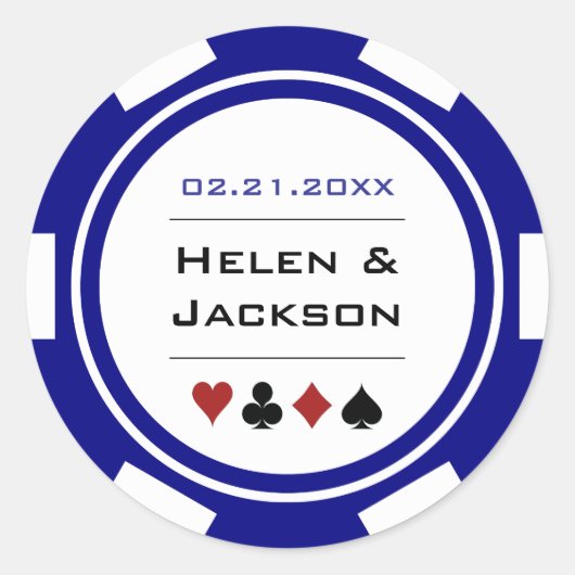 Navy Blauw en Wit Poker Chip Casino Bruiloft Ronde Sticker (Voorkant)