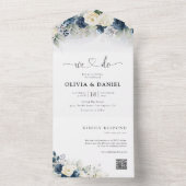 Navy Blauw en Wit Rose Bruiloft All In One Uitnodiging (Binnen)