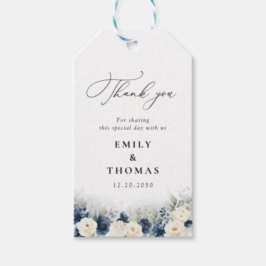 Navy Blauw en Wit Roses Bruiloft Gift Label Cadeaulabel (Voorkant)