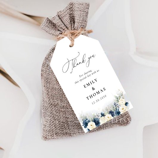 Navy Blauw en Wit Roses Bruiloft Gift Label Cadeaulabel