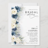 Navy Blauw en Wit Rozen Bruidsdouche Uitnodiging (Voorkant)