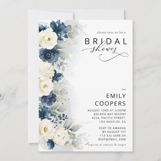 Navy Blauw en Wit Rozen Bruidsdouche Uitnodiging (Voorkant)