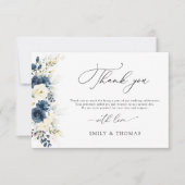 Navy Blauw en Wit Rozen Bruiloft Flat Bedankkaart (Voorkant)