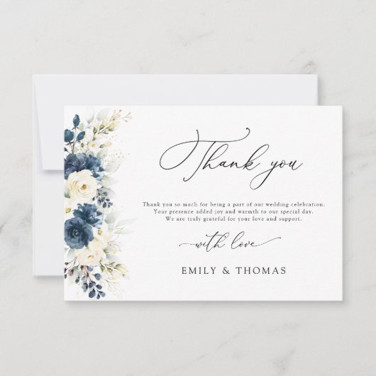 Navy Blauw en Wit Rozen Bruiloft Flat Bedankkaart (Voorkant)
