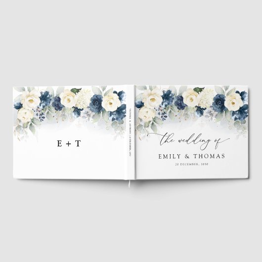 Navy Blauw en Wit Rozen Bruiloft Gastenboek (Volledig)