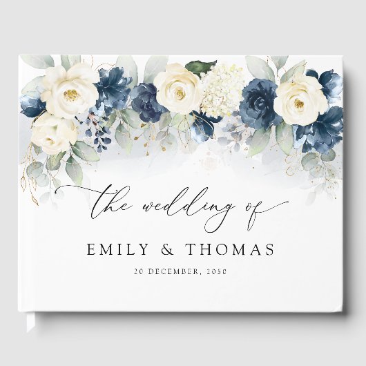 Navy Blauw en Wit Rozen Bruiloft Gastenboek (Voorkant)