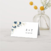 Navy blauw en wit rozen bruiloft gevouwen plaatskaartje (Achterkant)