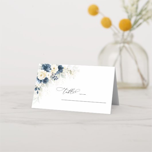 Navy blauw en wit rozen bruiloft gevouwen plaatskaartje (Voorkant)