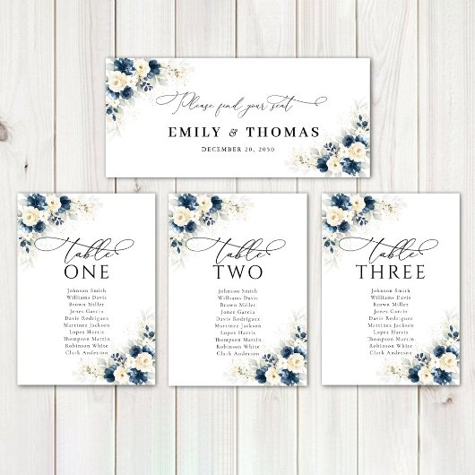 Navy Blauw en Wit Rozen Bruiloft Hoofd Tafel Teken