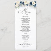 Navy Blauw en Wit Rozen Bruiloft Menu (Voorkant)
