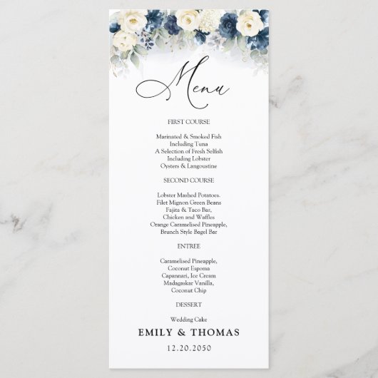 Navy Blauw en Wit Rozen Bruiloft Menu (Voorkant)