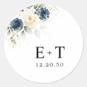 Navy Blauw en Wit Rozen Bruiloft Ronde Sticker (Voorkant)