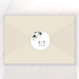 Navy Blauw en Wit Rozen Bruiloft Ronde Sticker