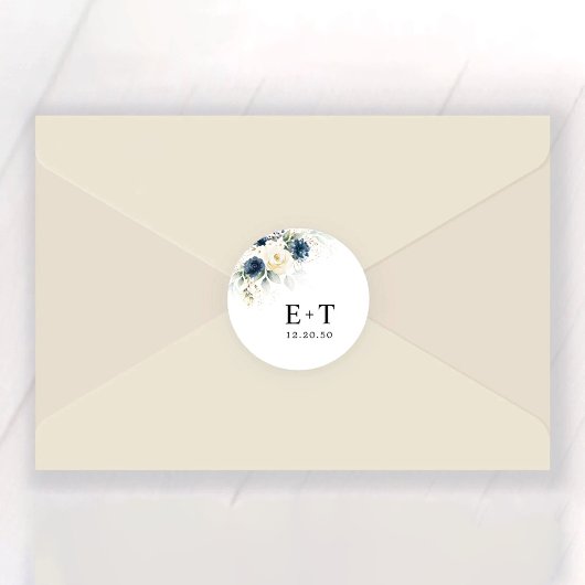 Navy Blauw en Wit Rozen Bruiloft Ronde Sticker