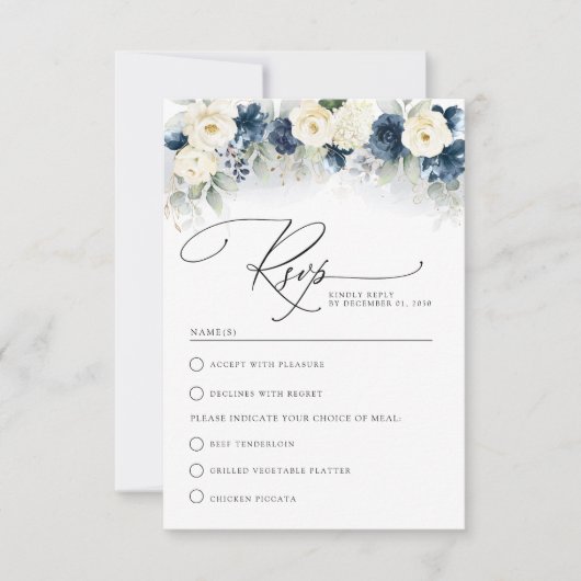 Navy Blauw en Wit Rozen Bruiloft RSVP Kaart (Voorkant)