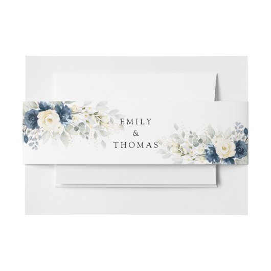 Navy Blauw en Wit Rozen Bruiloft Uitnodigingen Wikkel (Voorkant Voorbeeld)