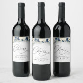 Navy Blauw en Wit Rozen Bruiloft Wijn Label Etiket (Flessen)