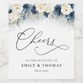 Navy Blauw en Wit Rozen Bruiloft Wijn Label Etiket (Enkel label)