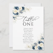 Navy Blauw en Wit Rozen Bruiloft Zitkaarten (Voorkant)