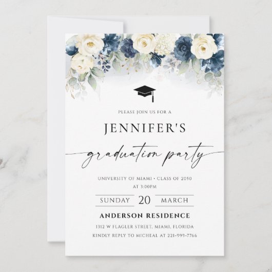Navy Blauw en Wit Rozen Graduation Party Kaart (Voorkant)