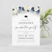 Navy Blauw en Wit Rozen Graduation Party Kaart (Staand voorkant)