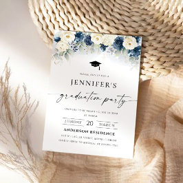 Navy Blauw en Wit Rozen Graduation Party Kaart