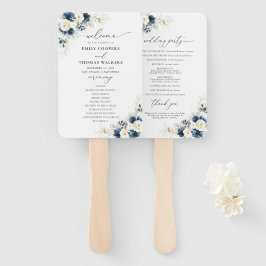 Navy Blauw en Wit Rozen Trouwprogramma Hand Fan Handwaaier