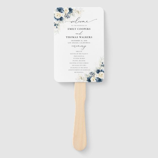 Navy Blauw en Wit Rozen Trouwprogramma Hand Fan Handwaaier (Voorkant)