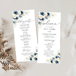 Navy Blauw en Wit Rozen Trouwprogramma Programmakaart