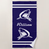 Navy blauw en wit strand handdoek met haai logo (Voorkant)