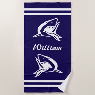 Navy blauw en wit strand handdoek met haai logo