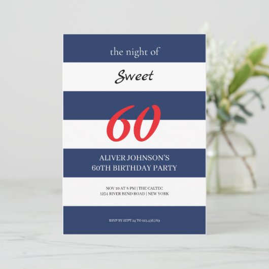Navy blauw en wit Sweet 60th verjaardag Uitnodigin Kaart (Staand voorkant)