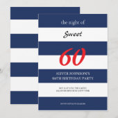 Navy blauw en wit Sweet 60th verjaardag Uitnodigin Kaart (Voorkant / Achterkant)