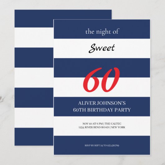 Navy blauw en wit Sweet 60th verjaardag Uitnodigin Kaart (Voorkant / Achterkant)