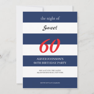 Navy blauw en wit Sweet 60th verjaardag Uitnodigin Kaart