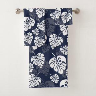 Navy Blauw en Wit Tropisch Blauw   Bloemen Bad Handdoek