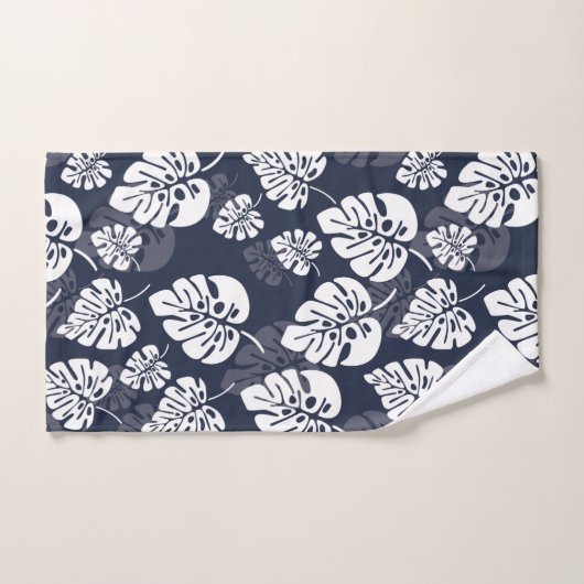 Navy Blauw en Wit Tropisch Blauw | Bloemen Bad Handdoek (Handdoek)
