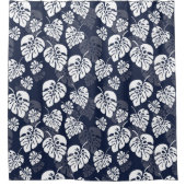 Navy Blauw en Wit Tropisch Blauw | Bloemen Douchegordijn (Voorkant)