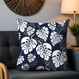 Navy Blauw en Wit Tropisch Blauw   Bloemen Kussen